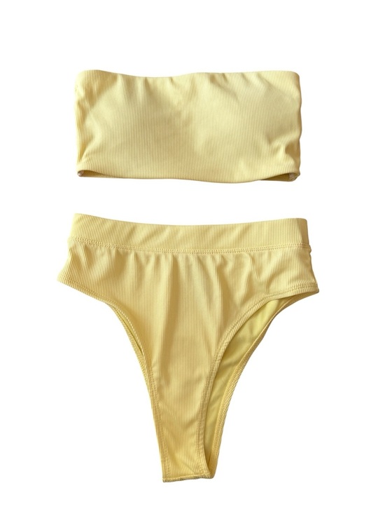 refuge Other - Refuge Ribbed Yellow Bandeau Bikini Set | Top S Bottom XS